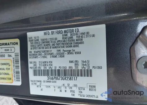 2016 Ford Fusion S z USA, uszkodzony, nr VIN 3FA6P0G73GR258117